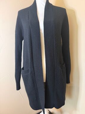 LOFT Black Open-Front Ribbed Cardigan with Pockets (Long)